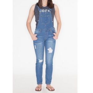 EUC Love Tree Blue Distressed Denim Overalls